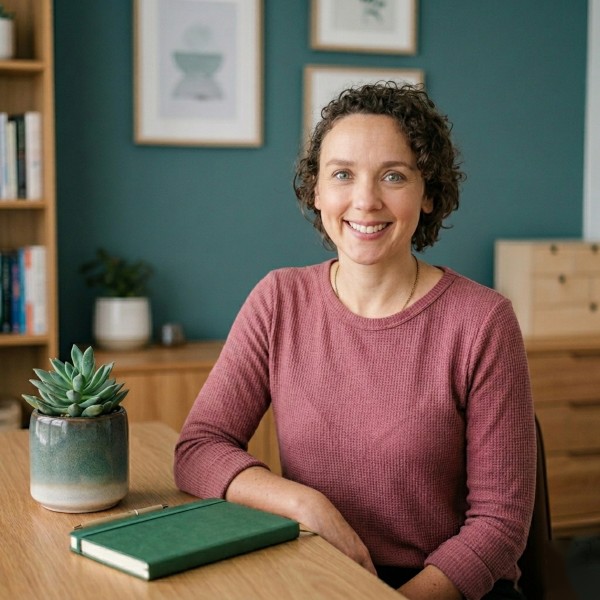 Alana Edwards, founder of Steady Minds Learning, smiling at a desk with a notebook