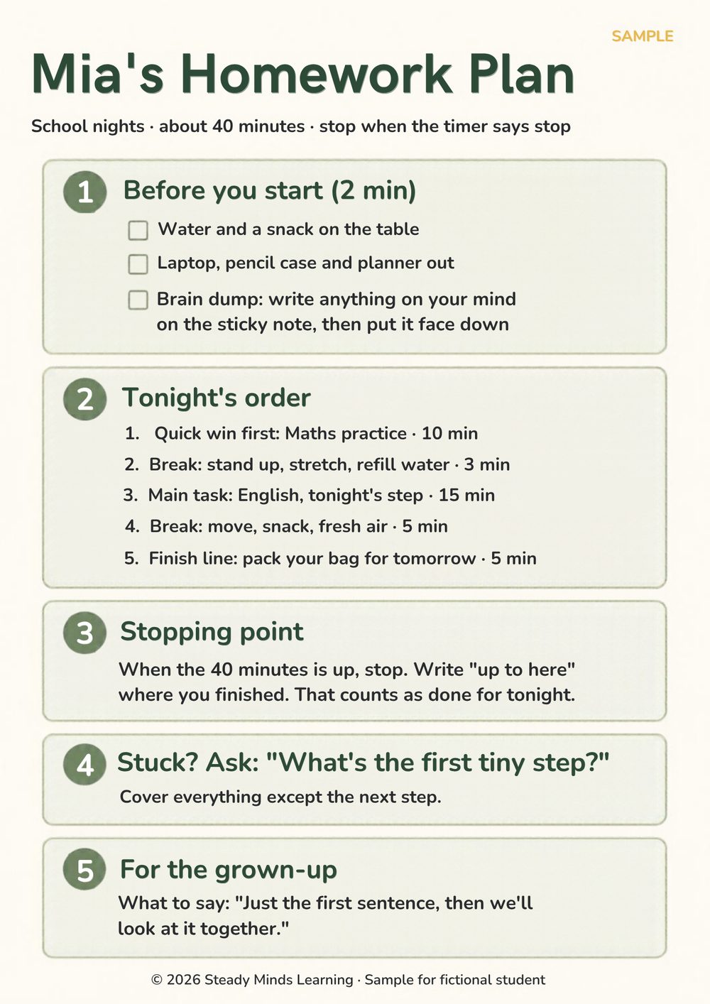 Sample homework plan
