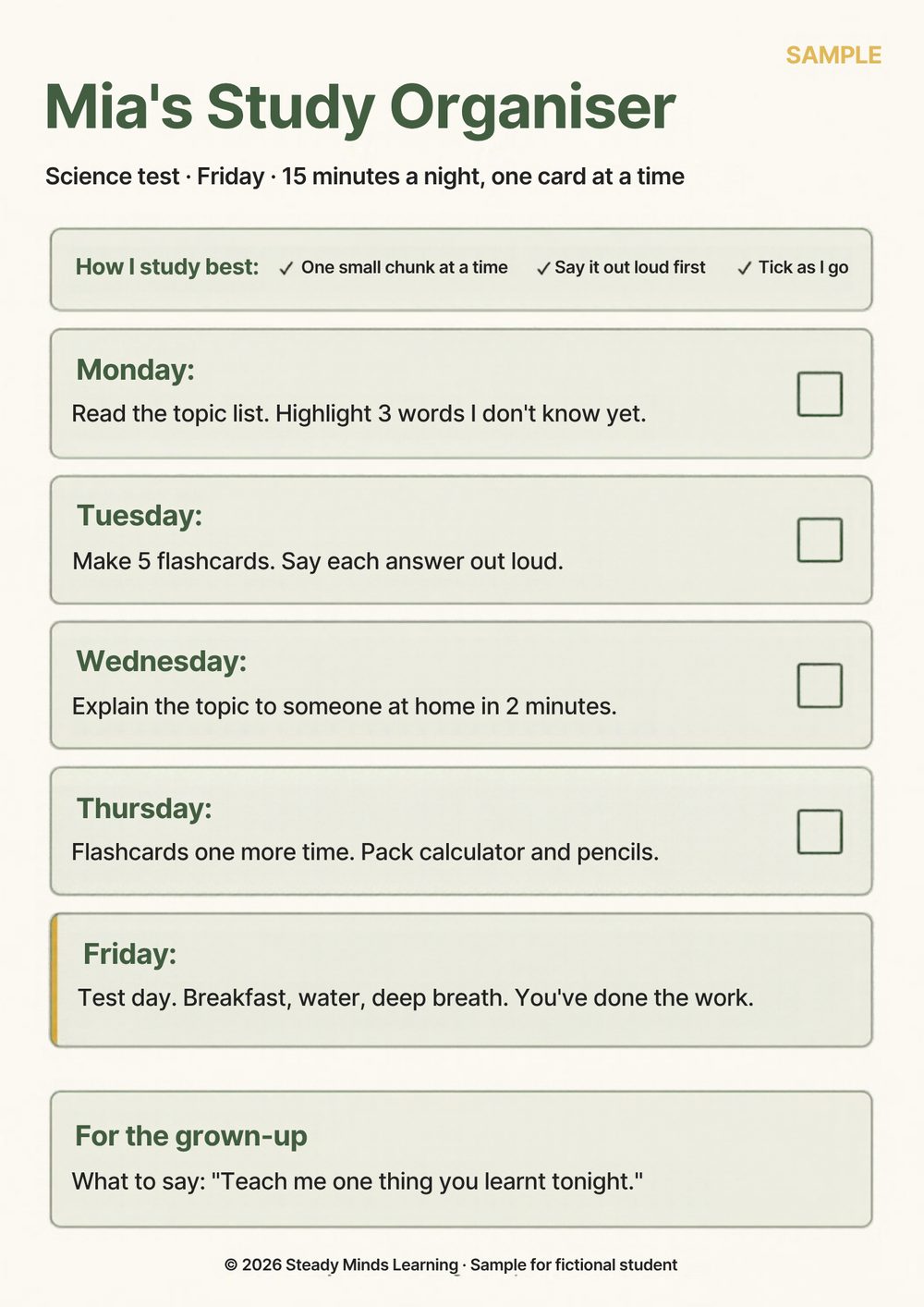 Sample study organiser