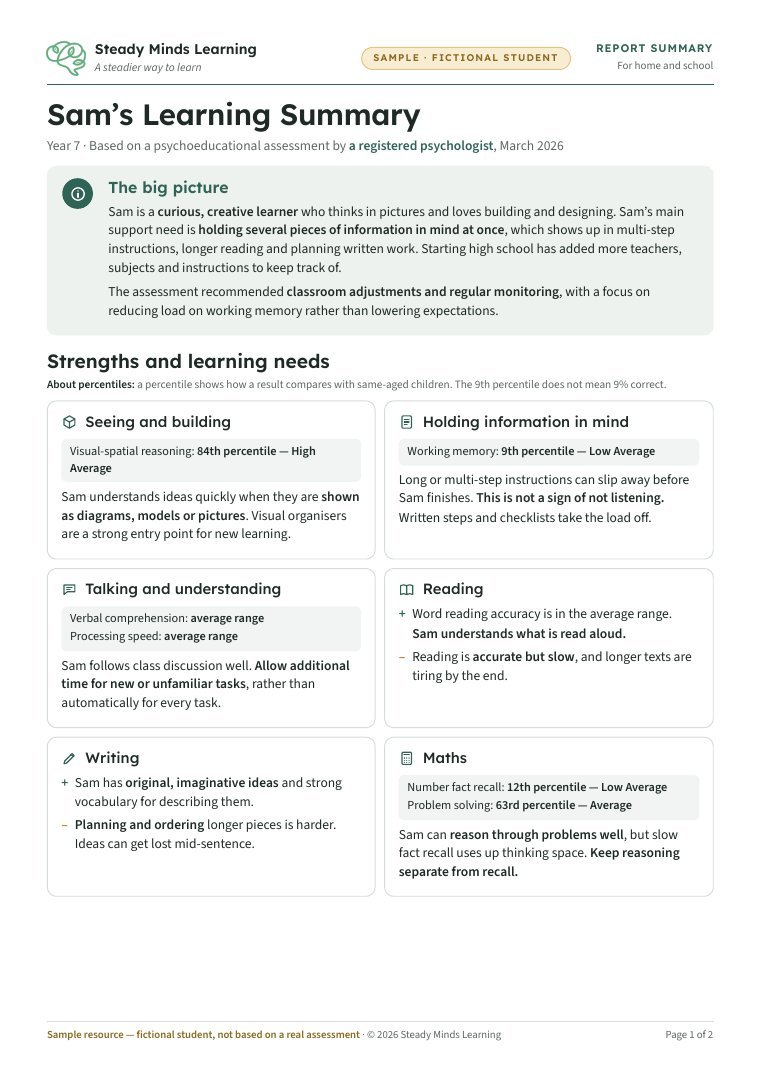 Sample Report Summary page 1: the big picture, and strengths and learning needs for a fictional Year 7 student