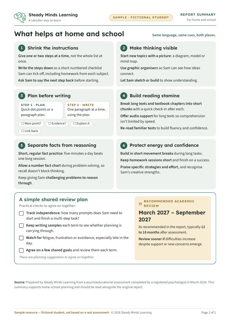 Sample Report Summary page 2: what helps at home and school, and a shared review plan
